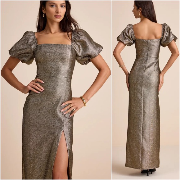 Lulus Celestina Bronze Lurex Puff Sleeve Mermaid Maxi Dress Gold - Size XL NEW - Picture 3 of 9